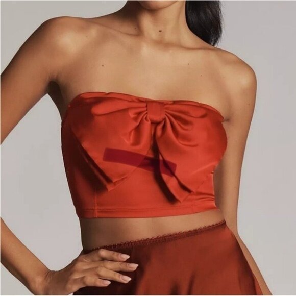 ANTHROPOLOGIE Satin Red Bow Crop Top Strapless Size L - Picture 2 of 11
